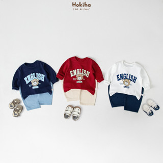 Bộ quần áo dài tay in hình gấu cho bé trai bé gái Hokiha áo cotton quần kaki mềm mại, thoáng mát size 8-17kg B195