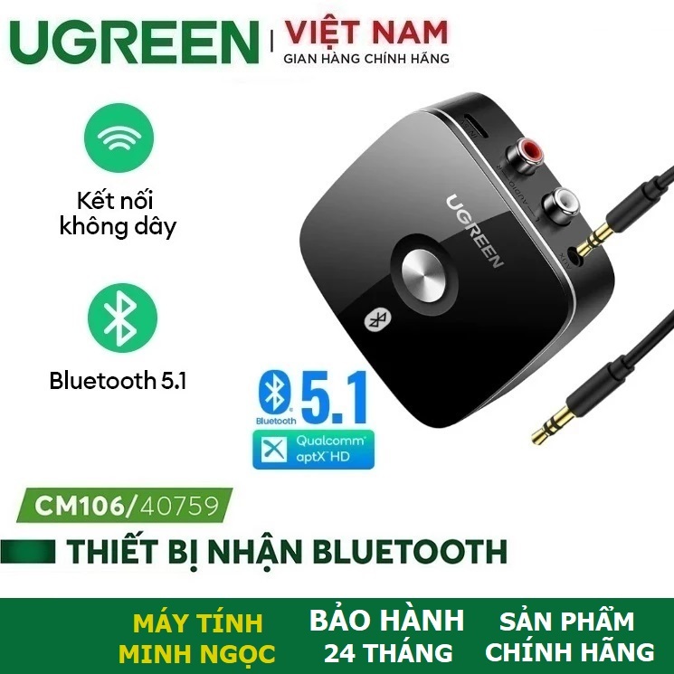 Bộ thu Bluetooth 5.3/5.1/5.0 cho Loa, Amly hỗ trợ cổng 3.5mm + RCA chính hãng Ugreen 40759/30445 cao