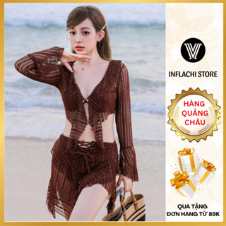 Set bikini INFLACHI 3 mảnh ren lưới màu nâu kèm áo khoác dáng dài đi biển sexy sang chảnh 22058 C-36
