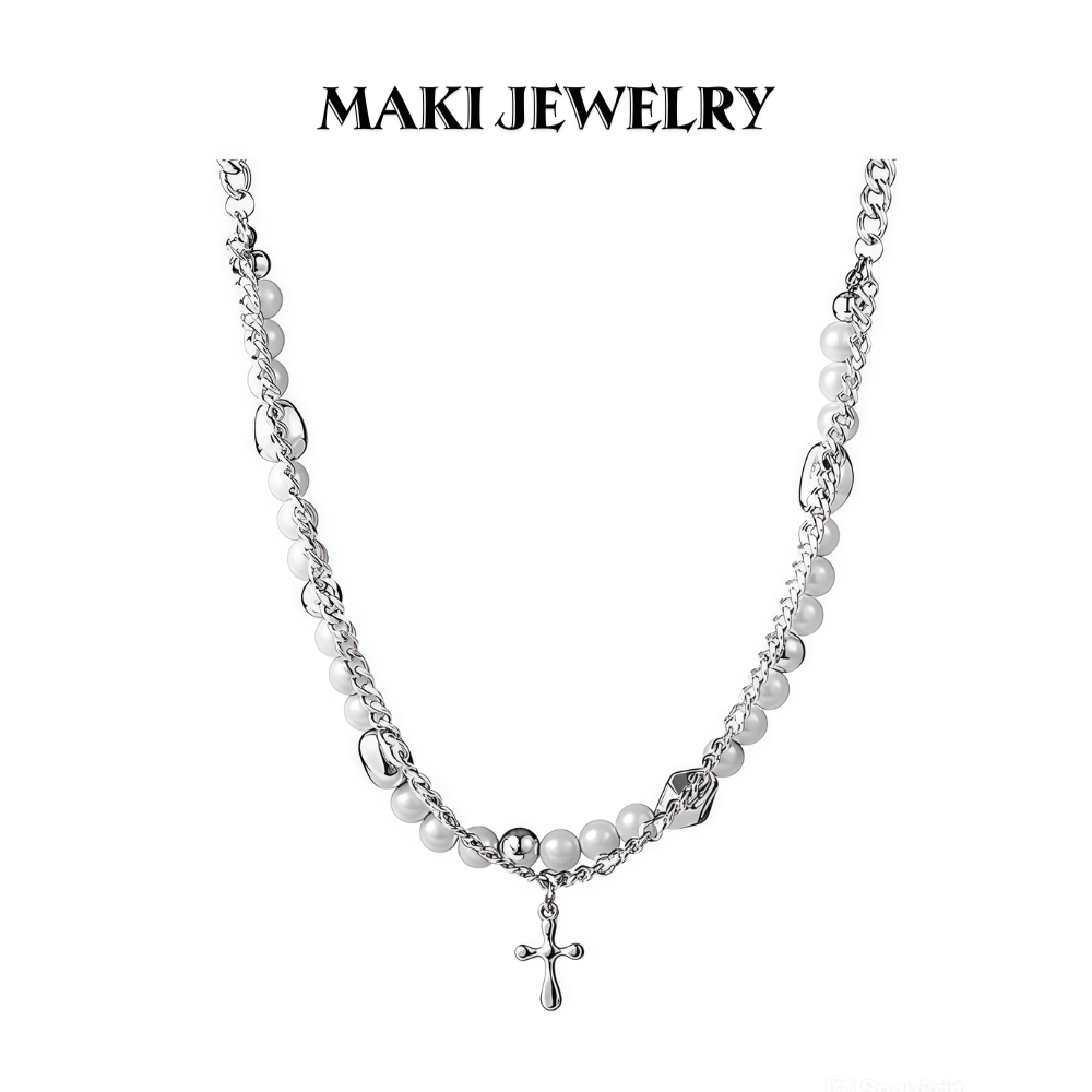 Vòng Cổ Choker 2 Lớp Ngọc Trai Mặt Thánh Giá – Dây Chuyền Titan Phối Xích Phong Cách HipHop Cá Tính 