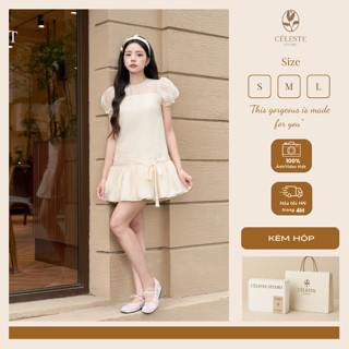 CÉLESTE - Váy Đầm Tiểu Thư Dáng Ngắn Suông Soie Dress Chất Tơ Voan Mềm Mại Tay Bồng Phối Nơ