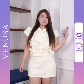 Set bộ nữ BIGSIZE áo cổ sen màu be đính nhiều hoa mix quần giả váy Venusa Store