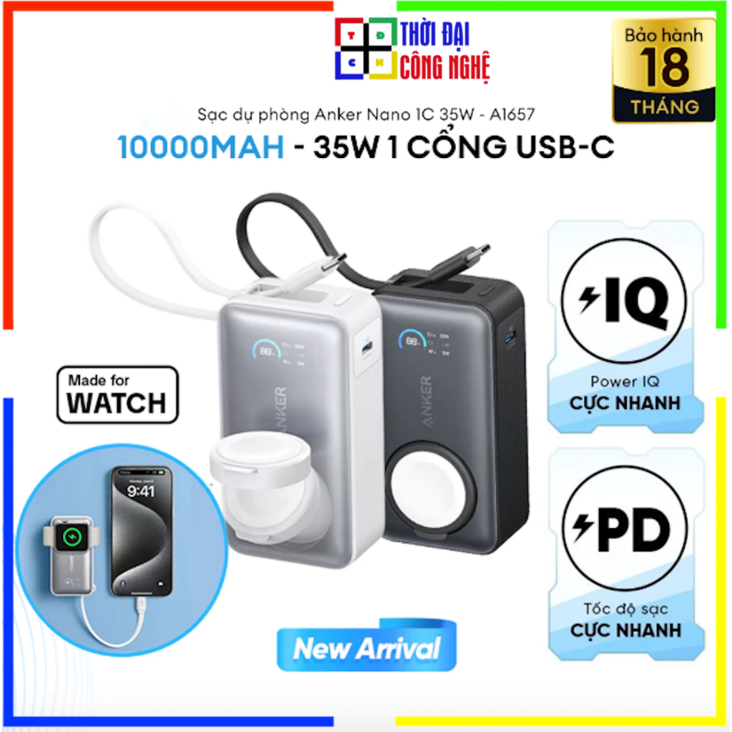 Sạc dự phòng Anker A1657 Nano 10.000mAh 35W 1C, Sạc không dây cho Ap.ple Watch đạt MFW. Bảo hành 18 