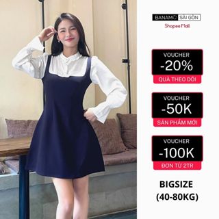 Đầm nữ BIGSIZE Banamo Sài Gòn váy yếm phối sơ mi trắng viền bèo dài tay dáng chữ A thanh lịch 5316