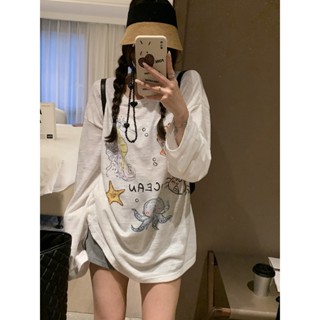 Áo thun form rộng in hình cá ngựa ocean peonyb - Phông dài tay chất giấy dãn phong cách bánh bèo hàn quốc - ATH217