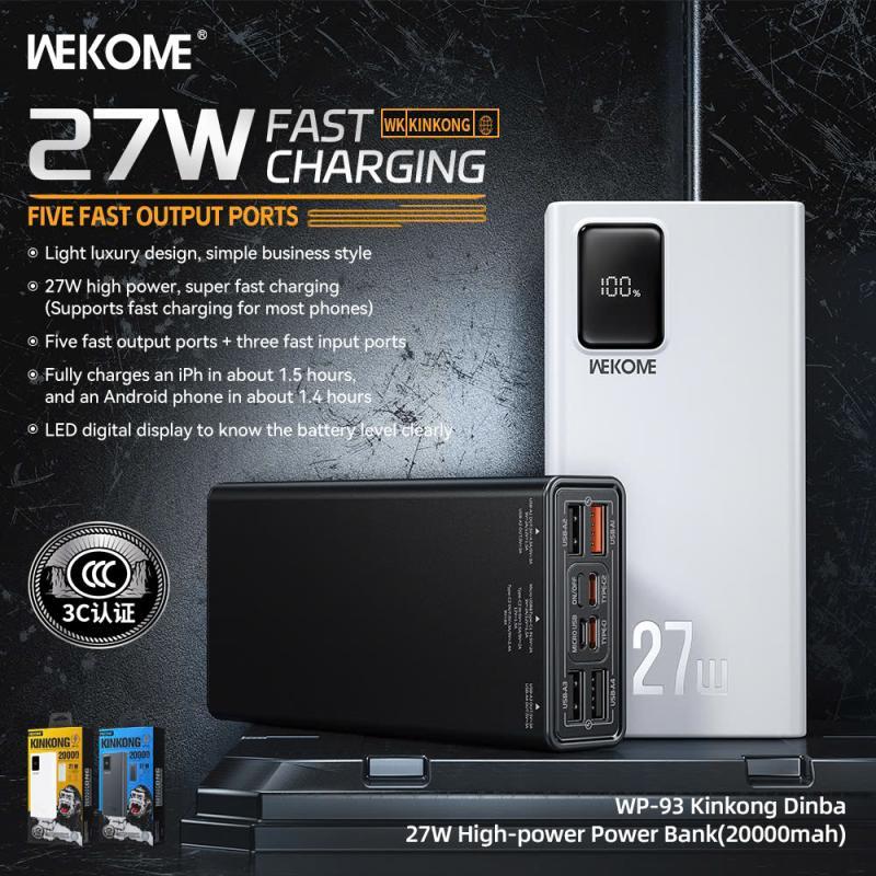 Pin dự phòng WEKOME WP-93 20000mah TypeC PD 27W, USB QC 3.0 22.5W