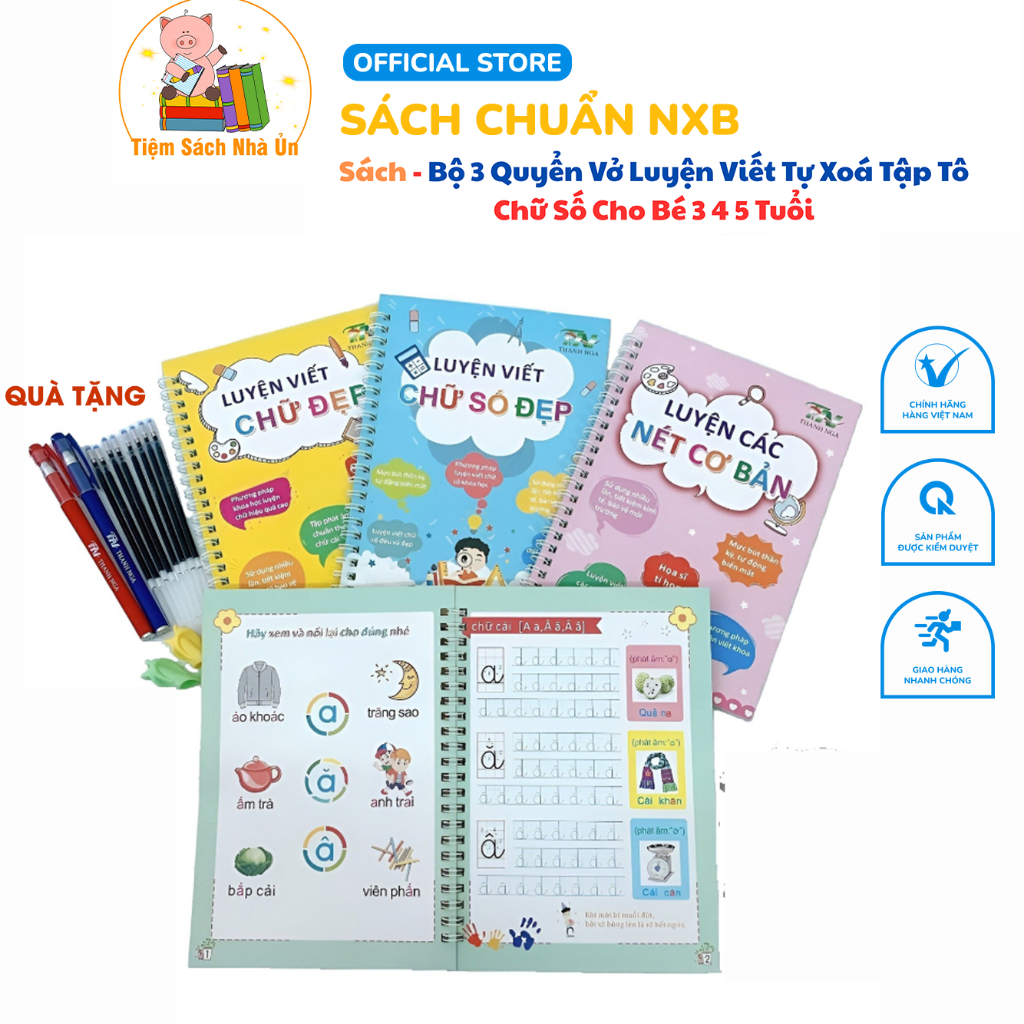 Sách- Bộ 3 Quyển Vở Luyện Viết Tự Xóa Tập Tô Chữ Số Cho bé 3 4 5 Tuổi Mẫu Giáo Tặng 8 ruột+2 vỏ bút + 2 định vị cầm
