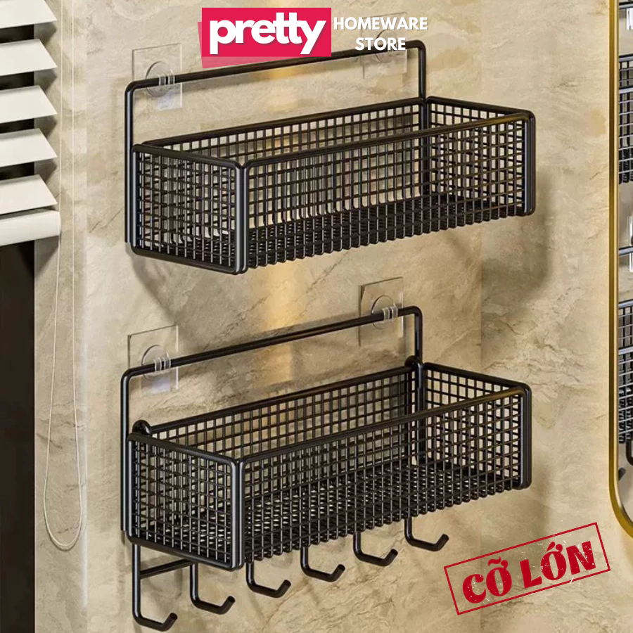  Kệ Lưới Sắt Cỡ Lớn Dán Tường Để Đồ Đa Năng Khay Đựng Nhà Bếp Nhà Tắm Bàn Học Có Móc Treo 