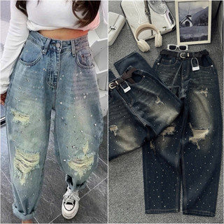 Quần Jean nữ form baggy Bigsize 55-90kg lưng chun phía sau phối rách đính đá lấp lánh thời trang Ms250