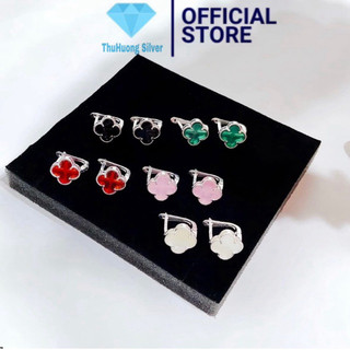  Bông tai nữ THJ- Bông tai bấm cỏ 4 lá đá phong thuỷ đủ màu chuẩn bạc ta - THU HUONG SILVER 