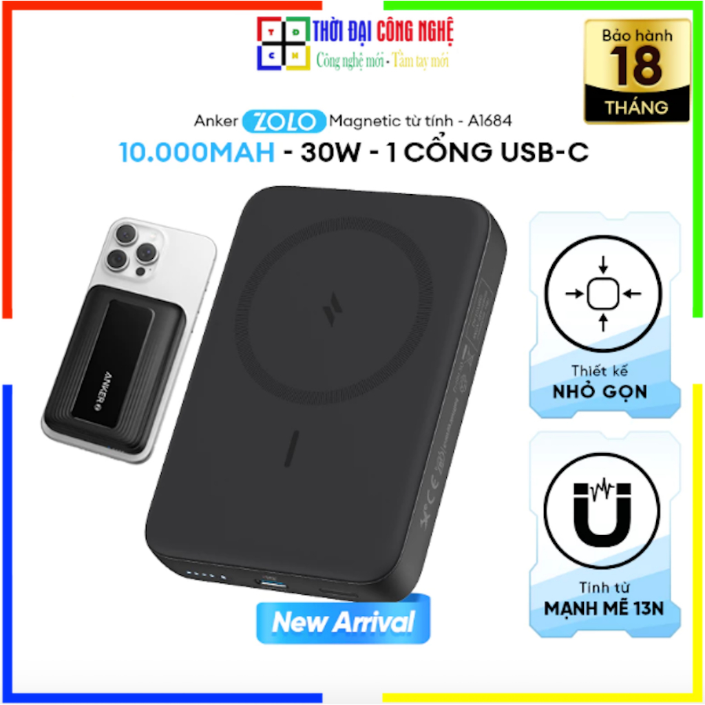 Anker A1684 từ tính không dây chuẩn Qi Zolo 10.000mAh 7.5W/30W - 1 cổng USB-C. Bảo hành 18 tháng 1 đ