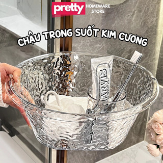  Chậu Rửa Mặt Trong Suốt Vân Kim Cương Chất Liệu Nhựa Acrylic Có Móc Treo Chậu Nhựa Thau Nhựa 