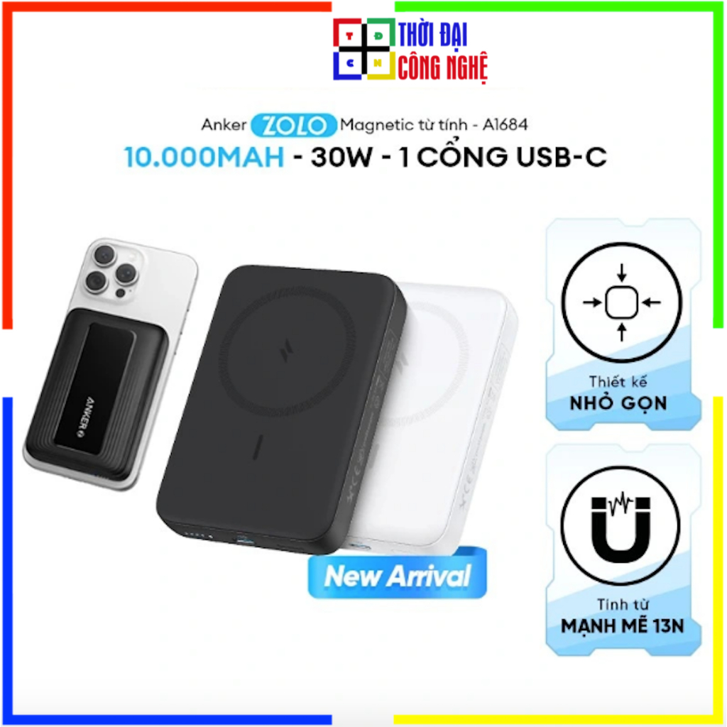 Anker A1684 Pin sạc dự phòng từ tính không dây chuẩn Qi Zolo 10.000mAh 7.5W/30W- 1 cổng USB-C. Bảo h