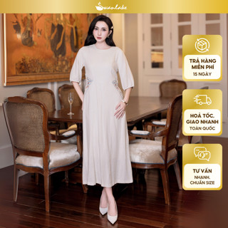 SWANLAKE | Váy Đầm Nữ Maxi Suông Vải Linen Thêu Hoa Tay Bo Chun Lỡ Chiết Eo Có Túi Công Sở D12900