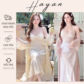  HT839 Set váy ngủ và áo choàng tay loe ren bèo sang chảnh tiểu thư dáng dài tôn dáng HT839 
