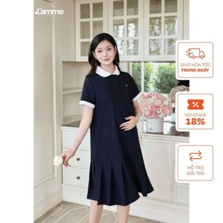 Váy bầu đầm bầu Lacy Dress BST Swanee 2025 chất vải chéo hàn cao cấp mềm mại phối cổ sen trắng chân váy xếp li BY L'AMME