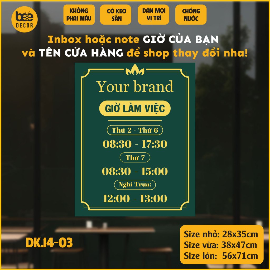 Decal Giờ Đóng Mở Cửa Dán cửa kính chống nước trang trí làm đẹp dán kính cửa hàng, spa. DK14