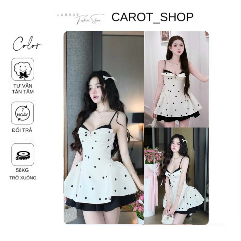   VHT20 - BIGSZE   Váy 2 dây chấm bi dáng xoè "CHIẾC LÁ VIỀN ĐEN TRẮNG " FROM NGẮN + KÈM QUẦN by CarotShop 