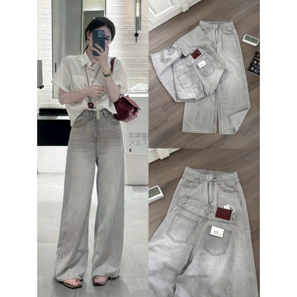  Quần Bò Jeans Nữ Ống Rộng Quần Bò Denim Suông Ống Rộng Trơn Màu Xám Khói Phối Mác Da Cạp Cao Siêu Hách Dáng Cực Đỉnh 