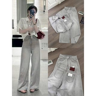 Quần Bò Jeans Nữ Ống Rộng, Quần Bò Denim Suông Ống Rộng Trơn Màu Xám Khói Phối Mác Da Cạp Cao Siêu Hách Dáng Cực Đỉnh