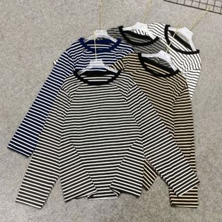  Áo thun bigsize nữ tay dài họa tiết kẻ sọc form rộng dáng vừa vải thun cotton co giãn mềm mịn - A296 