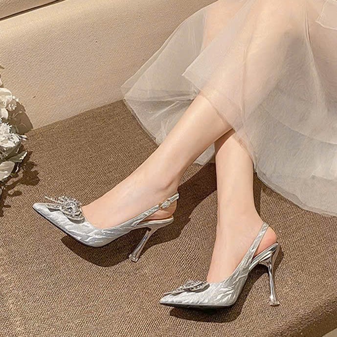 Giày cao gót Chị Đẹp Store 7 phân, chất kim tuyến kết hợp mika đính nơ, giày cưới cô dâu đi tiệc 9p mã GXC125 | BigBuy360 - bigbuy360.vn