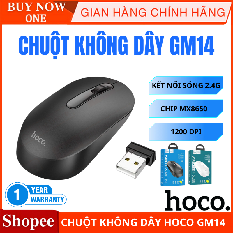 Chuột không dây Hoco GM14 / GM28, 1200 DPI, sóng 2.4G, nhựa ABS sơn bóng, bảo hành 12 tháng