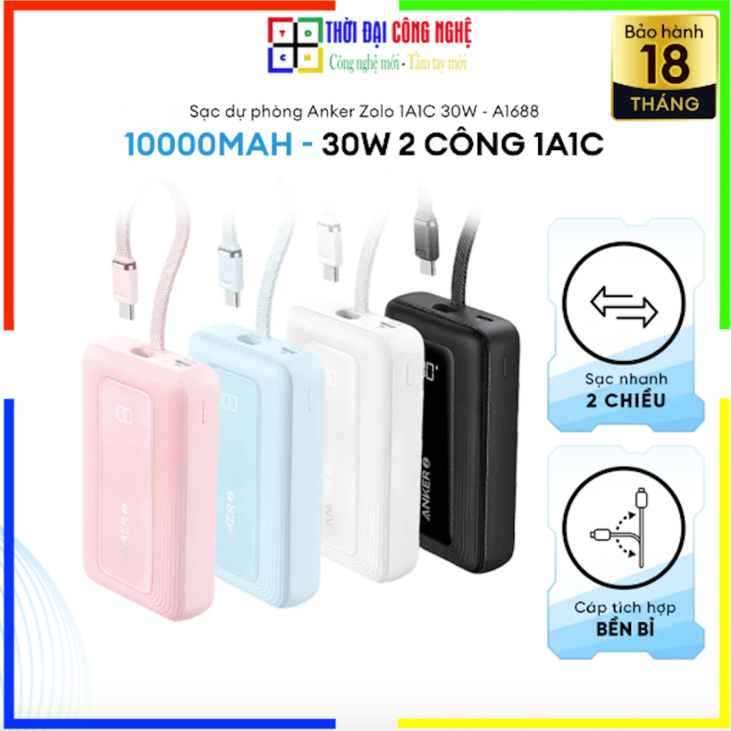 Sạc dự phòng ANKER A1688 Zolo 30W, 10.000mAh tích hợp dây cáp USB-C PD/QC/PPS - Bảo hành 18 tháng 1 