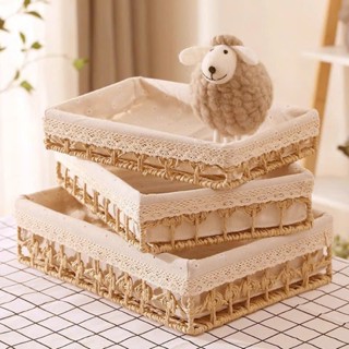  Khay mây nhựa chữ nhật lót vải nơ – Khay đựng đồ đa năng khay đựng bánh kẹo hoa quả decor sang trọng 