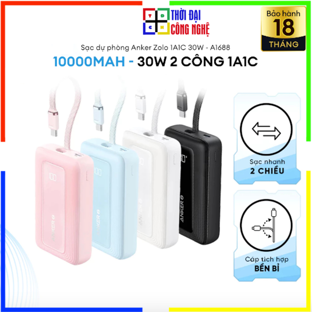 Sạc dự phòng ANKER A1688 Zolo Polymer 10000mAh Type C PD QC 3.0 30W - Bảo hành 18 tháng 1 đổi 1.
