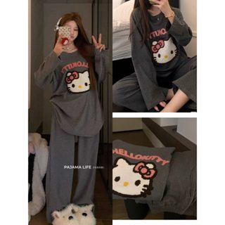  Set Bộ Nỉ Nữ Thu Đông Dài Tay Thêu Xù Hello Kitty Màu Xám Set Bộ Nỉ Áo Cổ Tròn Kèm Quần Dáng Suông Siêu Xinh 