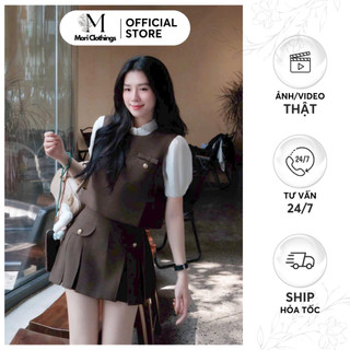  Set Áo Gile Không Tay Phối Sơ Mi Tay Bồng Kèm Chân Váy Xếp Ly Thanh Lịch Thời Trang Nữ N301 | MORI CLOTHINGS 