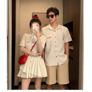   Có Bigsize  Set đồ đôi -Áo váy sơ mi cặp đôi áo nam+đầm nữ phối nút đỏ xếp li năng động trẻ trung 