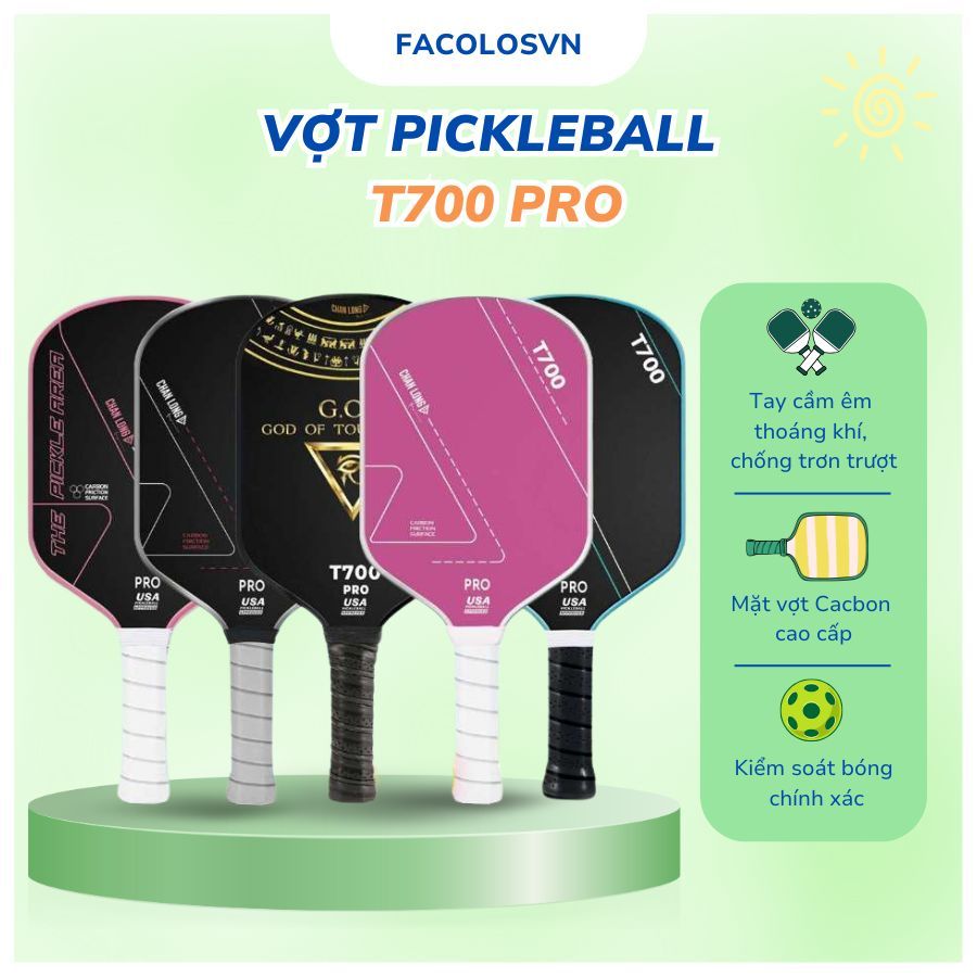 Vợt Pickleball T700 Pro Chính Hãng – Full Carbon Mặt Nhám, Cao Cấp, Tặng Quấn Cán Vợt