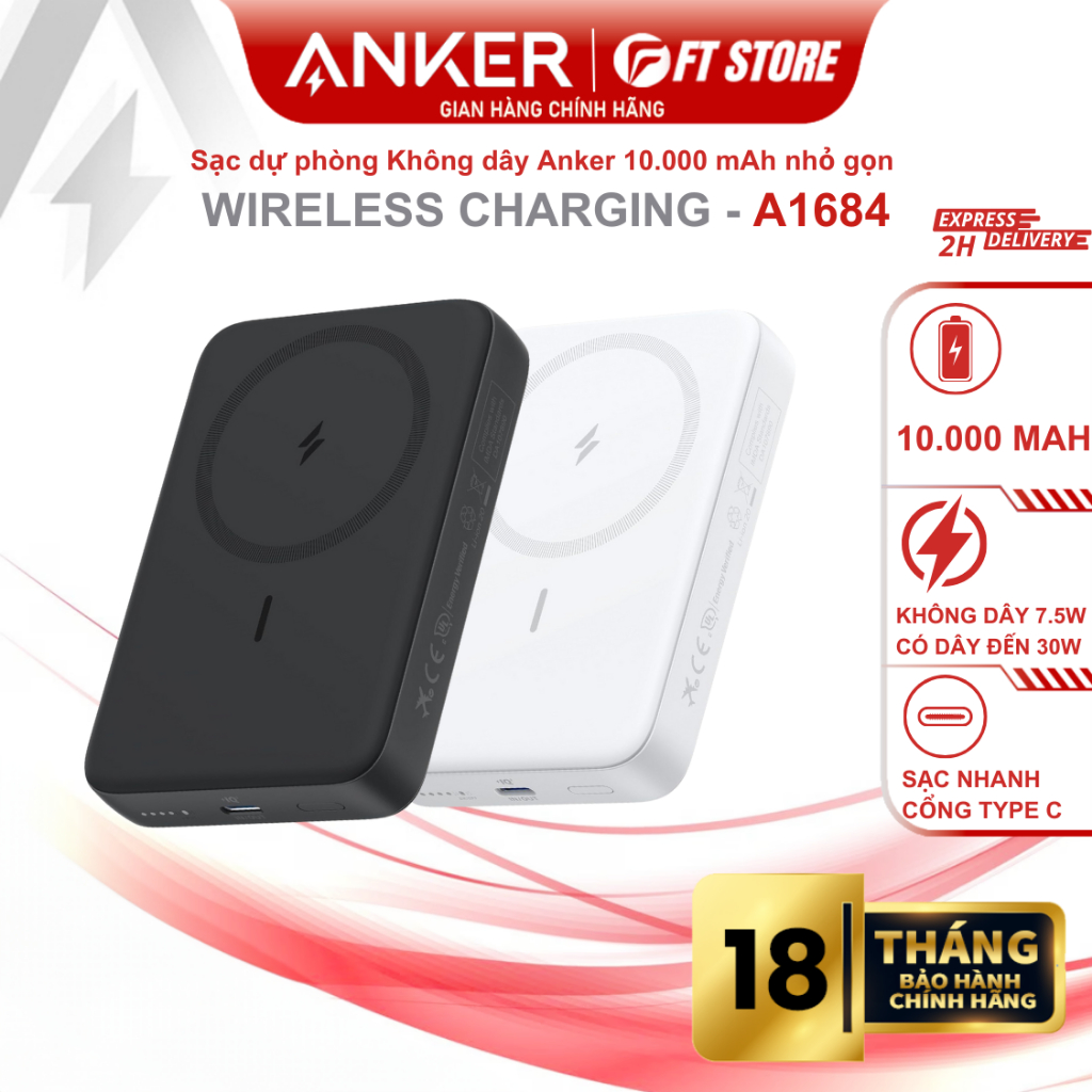 Sạc dự phòng Anker Zolo A1684 10000mAh 30W sạc không dây tối đa 15W , nhỏ gọn tiện lợi dễ di chuyển