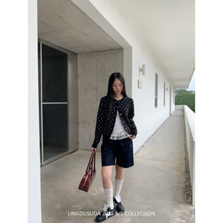  Áo len cardigan nữ tay dài chất mềm phối chấm bi 