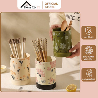 Ống đựng thìa đũa sứ cao cấp tráng men kèm khay dứng thoát nước phong cách Bắc Âu hiện đại Tiệm Cô Tít