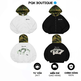 [Deal Mở Bán] Áo Khoác Zip Nỉ Bông Form Rộng Nam Nữ YOUR VIBE Phối Nón Hoạ Tiết Camo Nổi Bật - Pqk Boutique