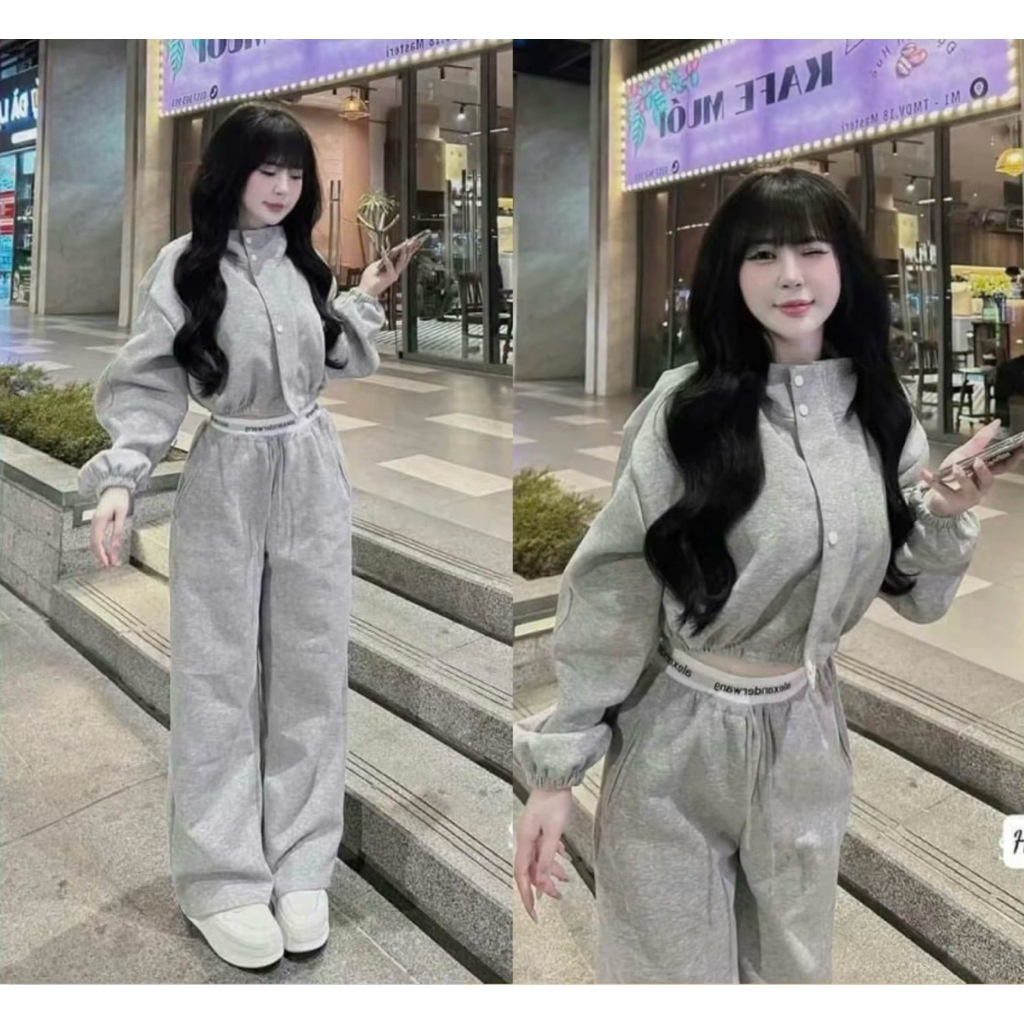 Set Bộ Nỉ 2 Da Dành Cho Nữ Quần Xuông Áo Khoá Nẹp Cúc