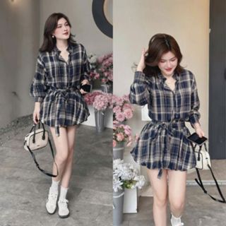  Set Váy Sơ Mi Cổ Tàu Kẻ Caro Kèm Dây Đai Dáng Bí Phồng Có Quần Bảo Hộ Phong Cách Tiểu Thư 