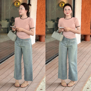 [Q775] Quần jean nữ dáng suông lưng cao cm thêu chữ viền túi Linsummer  88cm tôn dáng cho nấm lùn