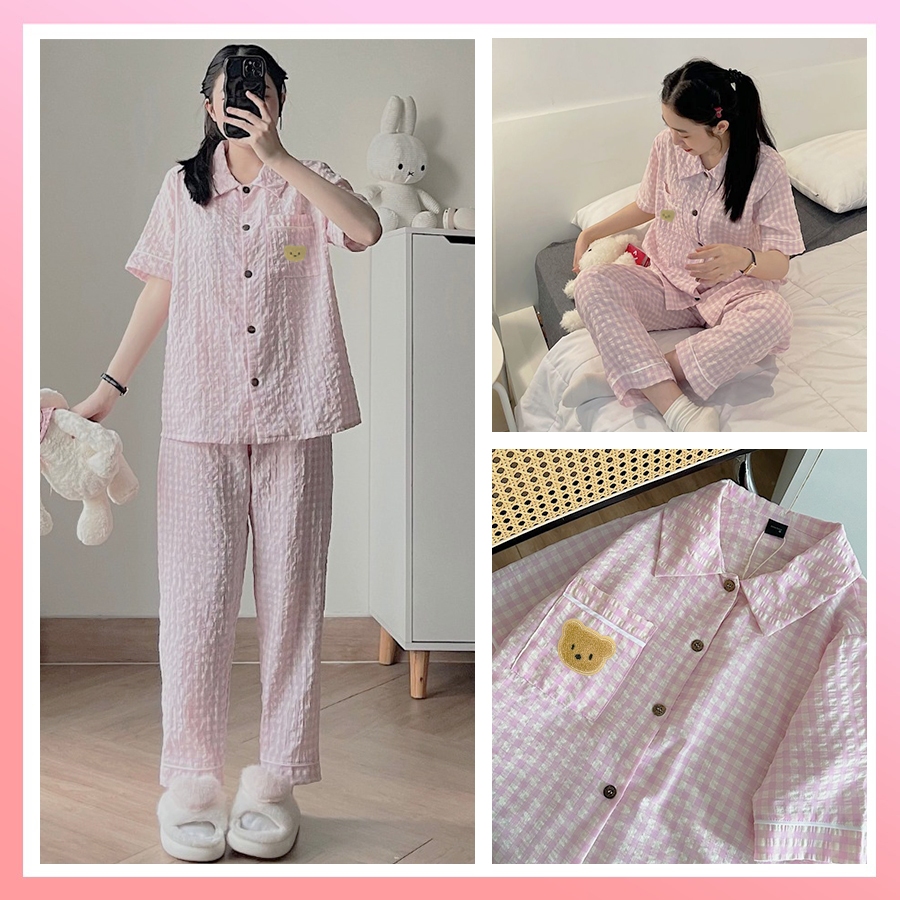 Bộ Pyjama Kẻ Xốp Loại 1 Caro tay Cộc Quần Dài Siêu Hot | BigBuy360 - bigbuy360.vn
