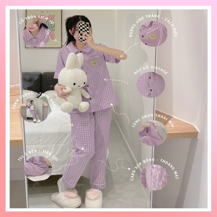 Bộ Pyjama Kẻ Xốp Loại 1 Caro tay Cộc Quần Dài Siêu Hot | BigBuy360 - bigbuy360.vn