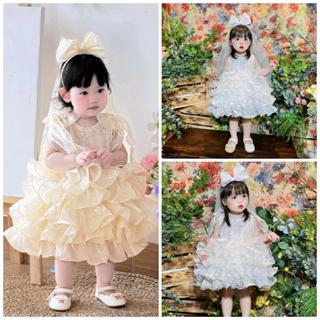  Váy Công Chúa Màu Kem Nhiều Tầng Nơ Vai  Kèm Bờm Nơ Cô Dâu 4-15 kg,Váy Cho Bé Gái Đầy Tháng Sinh Nhật Dự Tiệc 
