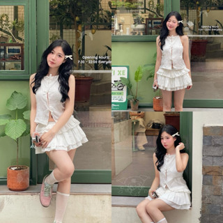 [Juicy Set] Set áo yếm thiết kế thắt nơ kèm chân váy ngắn xòe tầng