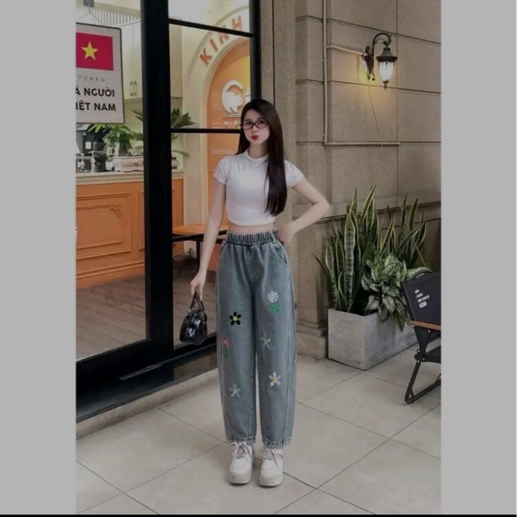 Star Shop Quần Bò Jean Lửng Phom Baggy Thêu Hoa Cạp Chun Có Sezi 40-75kg
