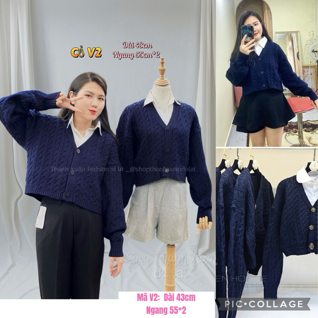 Hình thật khoác len học sinh xanh đen đi học cổ tim phom crotop dài 43cm.