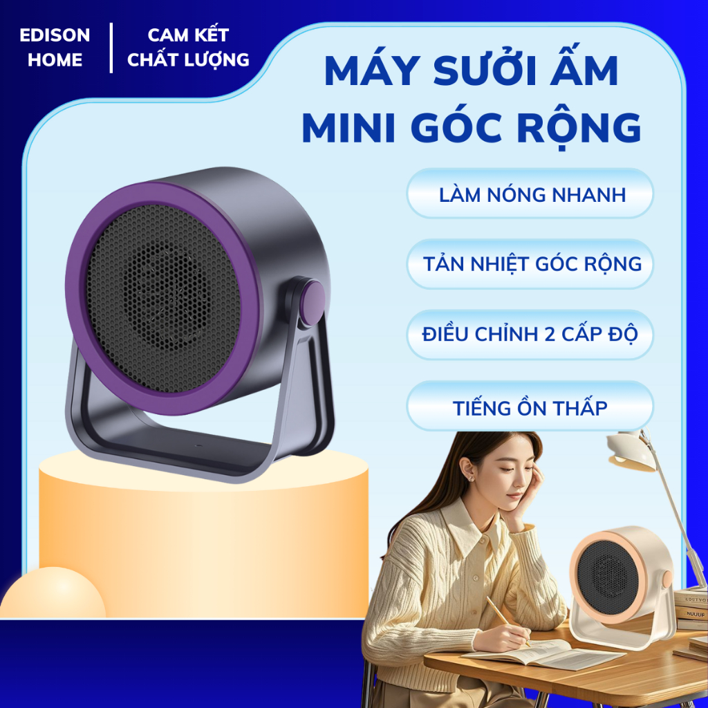 Máy Sưởi Ấm Mini Cao Cấp Làm Ấm Nhanh 2 Cấp Độ, Tản Nhiệt Góc Rộng Không Ồn Giữ Ấm Cho Bé