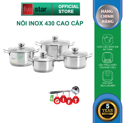 Bộ nồi inox 430 cao cấp FiveStar Standard  FSB4001 nắp kính size 16cm , 18cm , 20cm , 24cm, 3 đáy dùng được mọi bếp