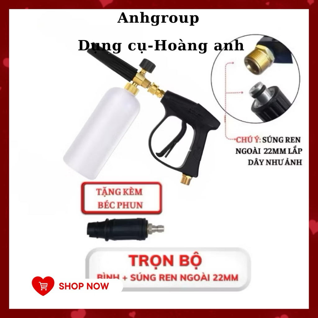 Bộ súng xịt rửa xe và bình tạo bọt tuyết cao cấp cho máy rửa xe áp lực cao,máy xịt rửa xe (Ren ngoài